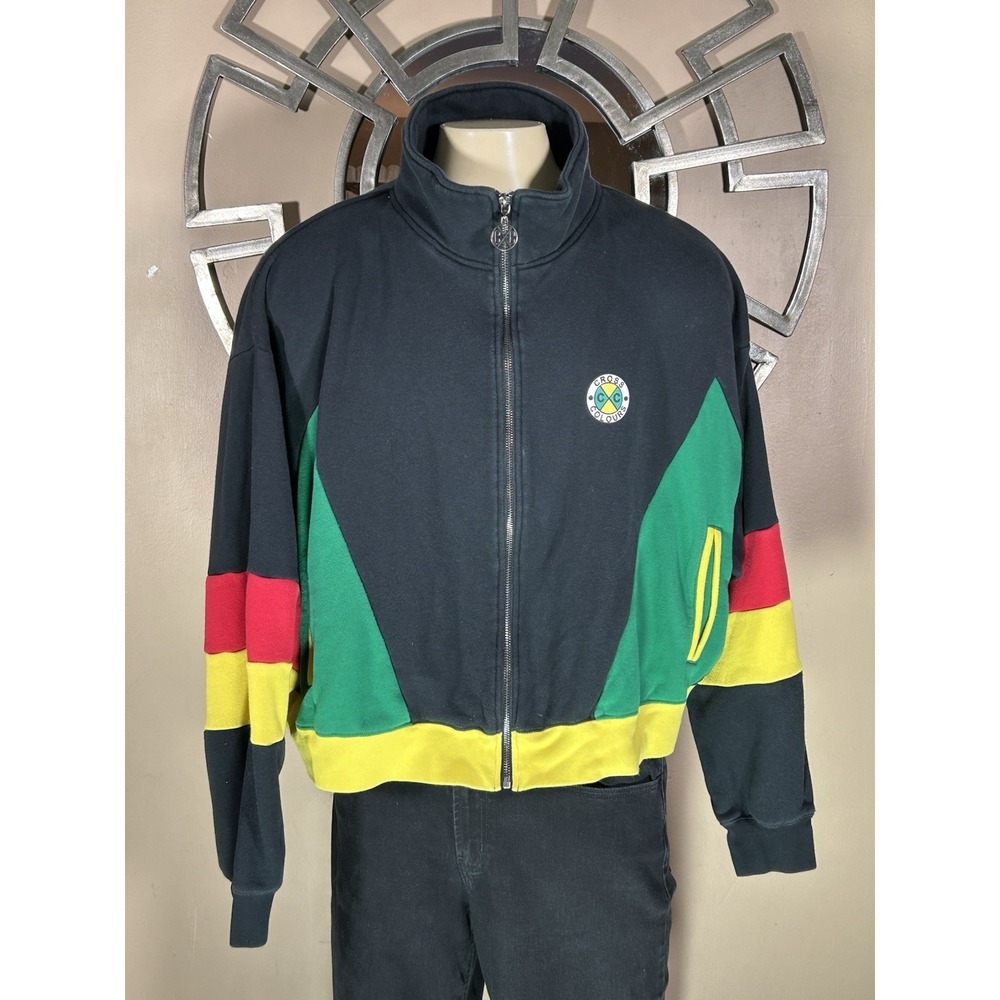 CROSS COLOURS Track Jacket Women 3XL Multi Colorblock Cropped Full Zip